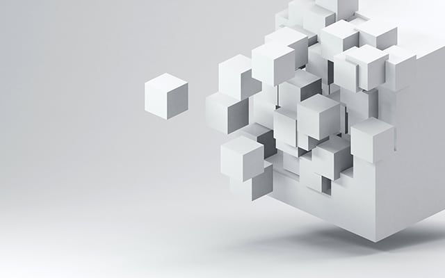 Fractured 3D cube render against light gray background Fractured 3D cube render against light gray background